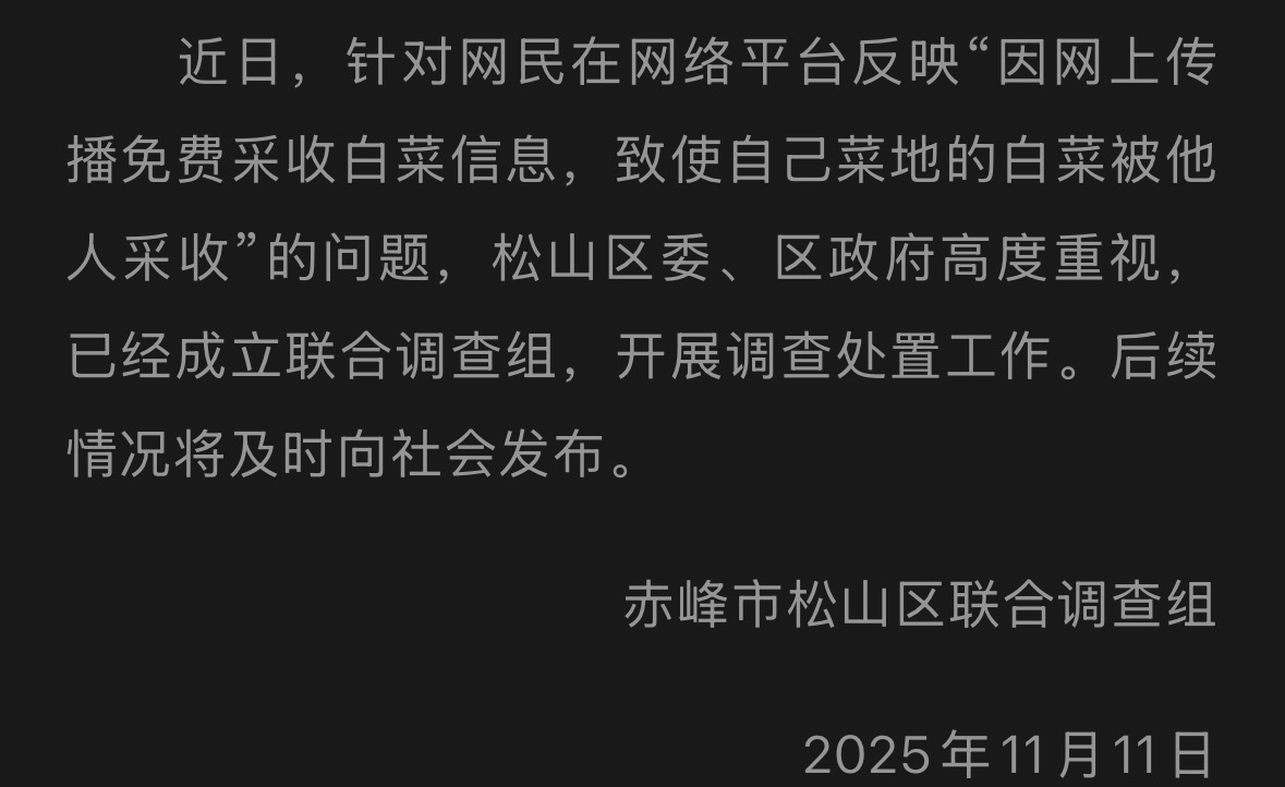 皇冠信用网出租代理
_赤峰通报“因网传白菜免费信息皇冠信用网出租代理
，致菜农白菜地被他人采收”一事：已成立联合调查组